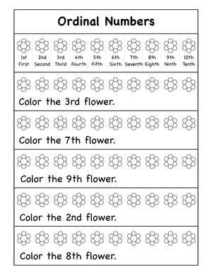 Coloring Activity: Learning Ordinal Numbers 1st-10th