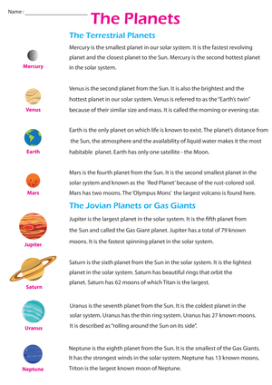 Explore Planet Facts Worksheet
