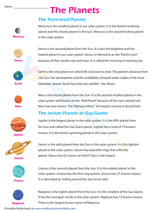Explore Planet Facts Worksheet