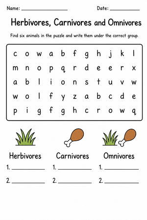 Grade 1 Animal Diets — Printable No-Prep Worksheet