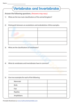 Vertebrates and Invertebrates - Comprehension