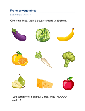 Grade 1 Fruits or Vegetables — Printable No-Prep Worksheet