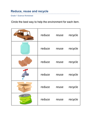 Grade 1 Reduce, Reuse, Recycle — Essential Worksheet