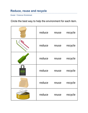 Grade 1 Reduce Reuse Recycle — Printable No-Prep Worksheet