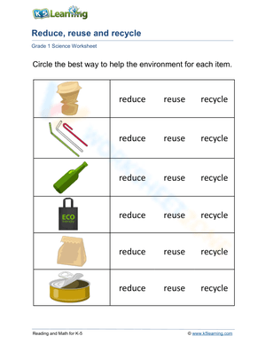 Grade 1 Reduce Reuse Recycle — Printable No-Prep Worksheet