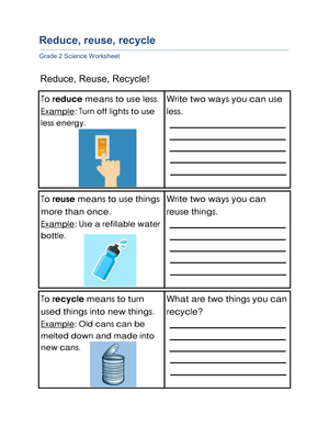 Essential Grade 2 Reduce, Reuse, Recycle Worksheet