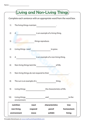Living and Non-Living Things Vocabulary Worksheet