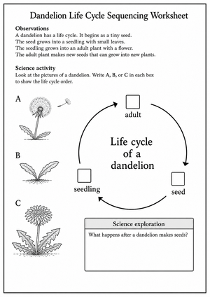Dandelion Life Cycle Worksheet | Grade 1-2 Essential