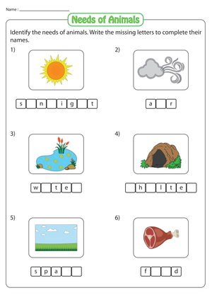 Essential Grade 1 Animal Needs Worksheet: Missing Letters