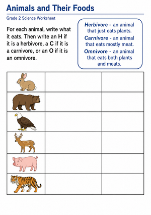 Essential Grade 2 Animals and Food Printable Worksheet