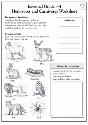 Grade 3-4 Herbivores — Printable No-Prep Worksheet