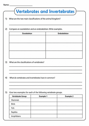 Grade 4 Vertebrates & Invertebrates — Printable Worksheet