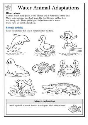 Essential Grade 1-2 Water Animal Adaptations Worksheet
