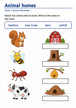 Grade 1 Animal Homes — Printable No-Prep Worksheet