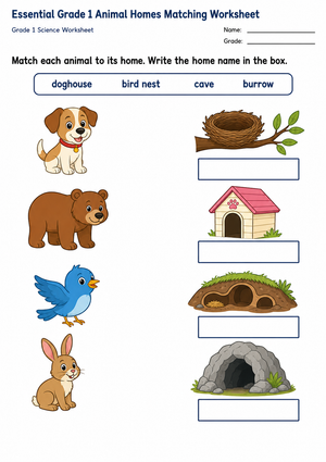 Essential Grade 1 Animal Homes Matching Worksheet