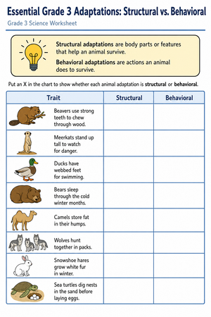 Grade 3 Animal Adaptations — Printable No-Prep Worksheet