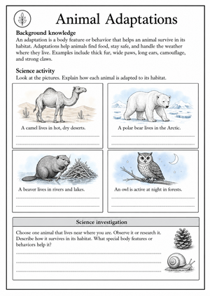 Animal Adaptations Worksheet | Grade 5 Essential Science