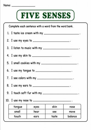 Grade 2 Five Senses — Printable No-Prep Worksheet