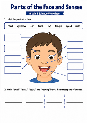 Grade 2 Face and Senses — Printable No-Prep Worksheet