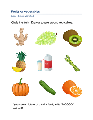 Grade 1 Fruits or Vegetables — Printable No-Prep Worksheet