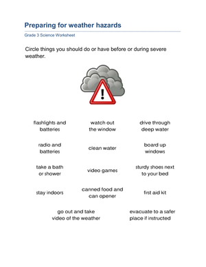 Essential Grade 3 Preparing for Weather Hazards Worksheet