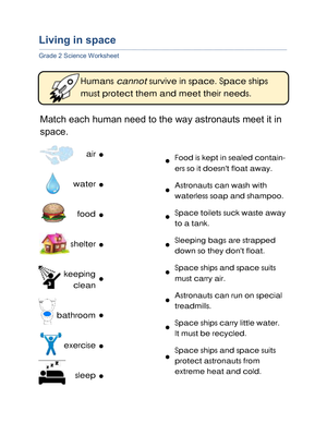 Essential Living in Space Worksheet | Grade 2 Science