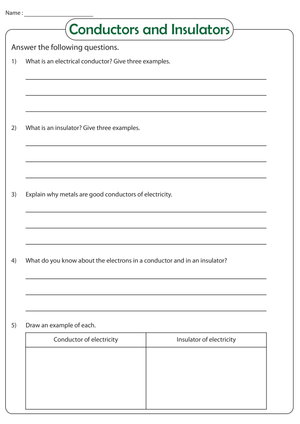 Printable Grade 6 Conductors & Insulators Worksheet