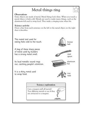 Essential Properties of Metal Worksheet | Grade 1-2 Science