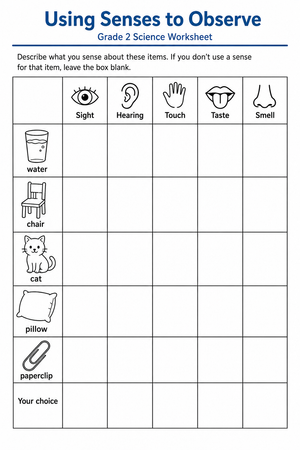 Grade 2 Five Senses — Printable No-Prep Worksheet