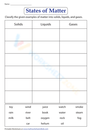 Sort as solid, liquid or gas