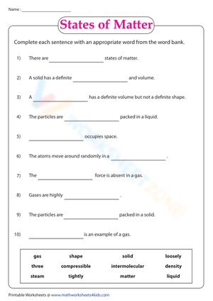 States of matter | Fill in the blanks