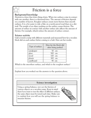 Essential Friction as a Force Worksheet | Grade 5 Science