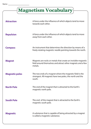Printable Magnetism Vocabulary Sheet | Grades 3-4 Science