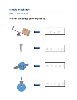 Printable Simple Machines Tracing Worksheet | Grade 1-2