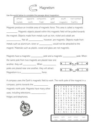 Magnetism Fill-in-the-Blanks Science Worksheet