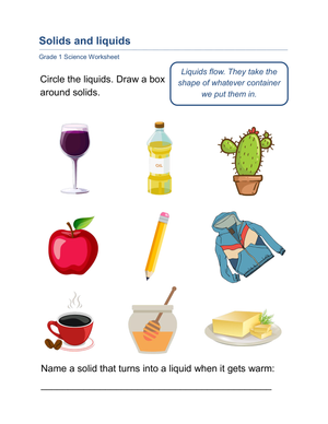 Printable Grade 1 Solids and Liquids Science Worksheet