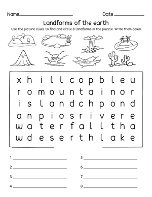 Printable Landforms of the Earth Word Search | Grades K-2