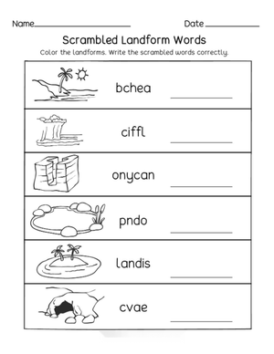Essential Kindergarten Landform Words Science Worksheet