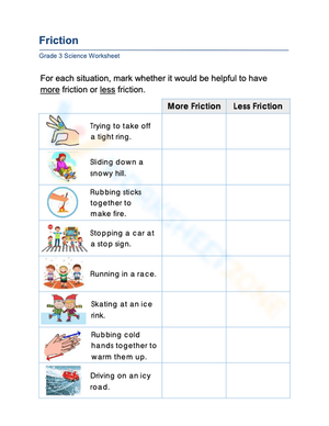 More Friction vs. Less Friction Worksheet