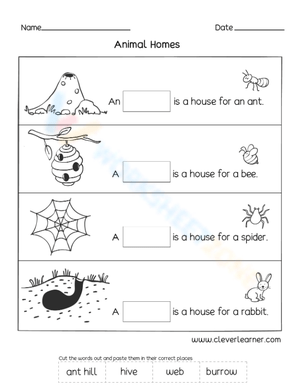 Animal Homes Cut And Paste Science Worksheet