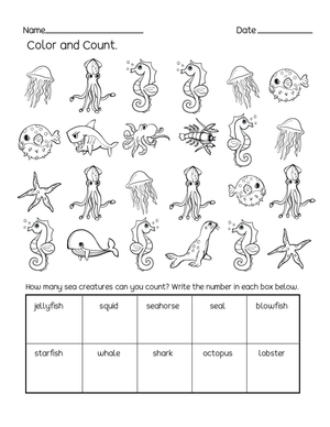 Printable Ocean Animals Counting Worksheet | Grade K