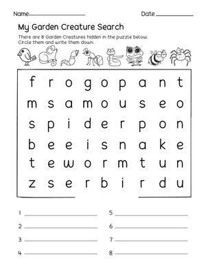 Printable Garden Creature Search Worksheet | K-1 Science