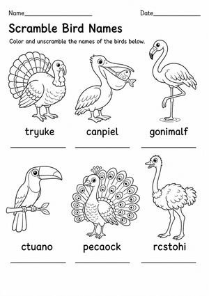 Printable Bird Names Scramble Worksheet | Grade K-1
