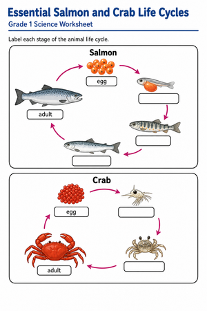 Essential Salmon and Crab Life Cycles Worksheet | Grade 1