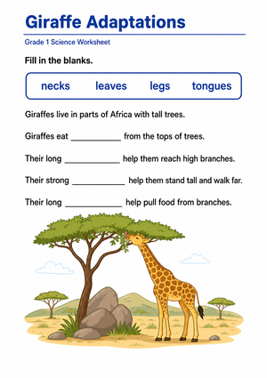 Essential Grade 1 Giraffe Adaptations Worksheet