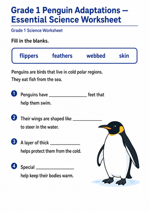 Grade 1 Penguin Adaptations — Printable No-Prep Worksheet