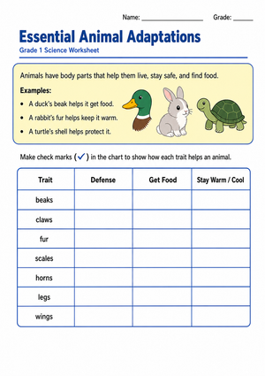 Grade 1 Animal Adaptations — Printable No-Prep Worksheet