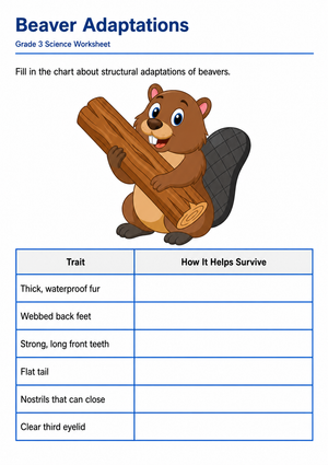 Grade 3 Beaver Adaptations — Printable No-Prep Worksheet
