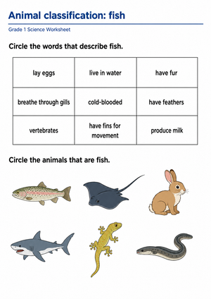 Printable Fish Classification Worksheet | Grade 1 Science