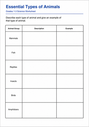Grades 1-3 Animal Types — Printable No-Prep Worksheet